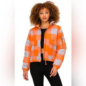 Cali1850 Orange Plaid Winter Warm Flannel Puffer Padding Jacket ParkaLargePocket